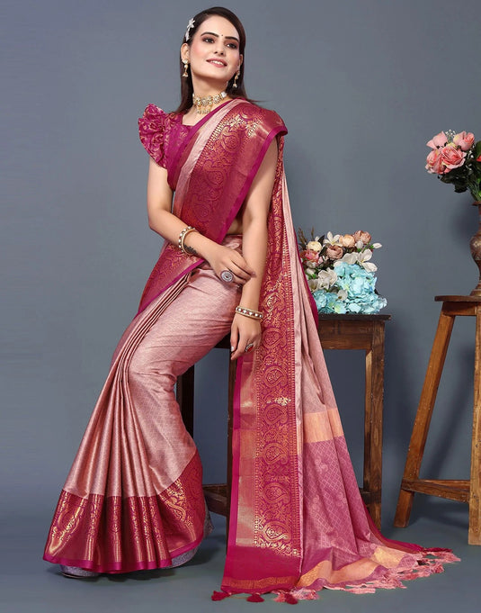 Villagius Jaccard Jaccard Embellished Zari Work Partywear Cotton Silk Peach Colour Rubina_Peachkumkum Saree