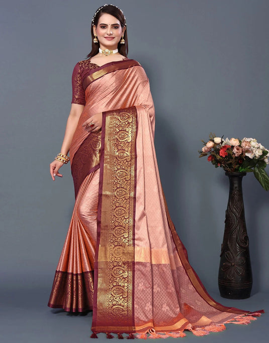 Villagius Jaccard Jaccard Embellished Zari Work Partywear Cotton Silk Peach Colour Rubina_Peachmaroon Saree