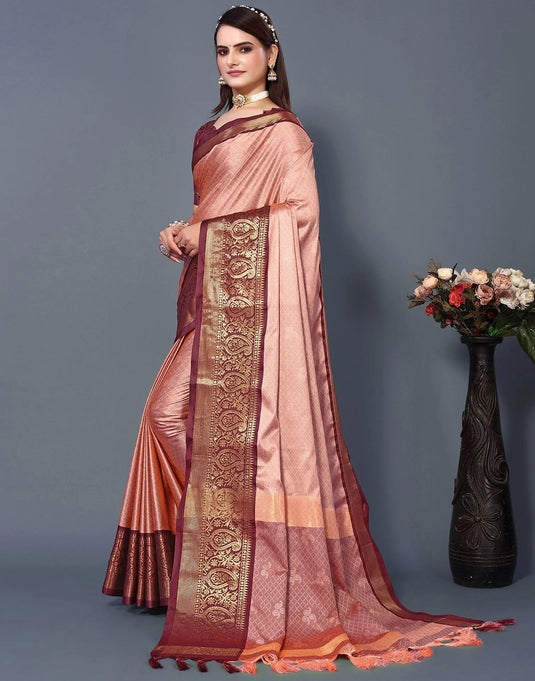 Villagius Jaccard Jaccard Embellished Zari Work Partywear Cotton Silk Peach Colour Rubina_Peachmaroon Saree