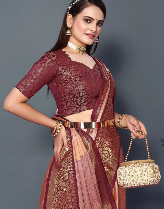 Villagius Jaccard Jaccard Embellished Zari Work Partywear Cotton Silk Peach Colour Rubina_Peachmaroon Saree