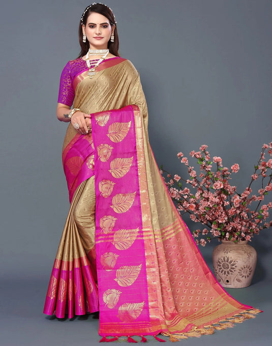 Villagius Jaccard Jaccard Embellished Zari Work Partywear Cotton Silk Beige Colour Samu_Chikupink Saree