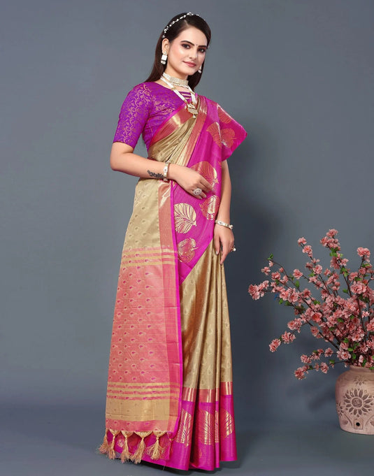 Villagius Jaccard Jaccard Embellished Zari Work Partywear Cotton Silk Beige Colour Samu_Chikupink Saree