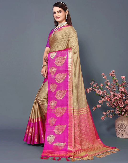 Villagius Jaccard Jaccard Embellished Zari Work Partywear Cotton Silk Beige Colour Samu_Chikupink Saree