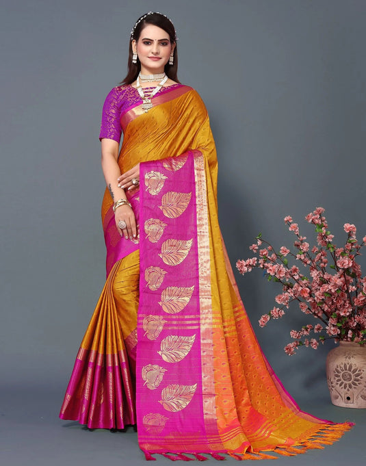 Villagius Jaccard Jaccard Embellished Zari Work Partywear Cotton Silk Gold Colour Samu_Goldpink Saree