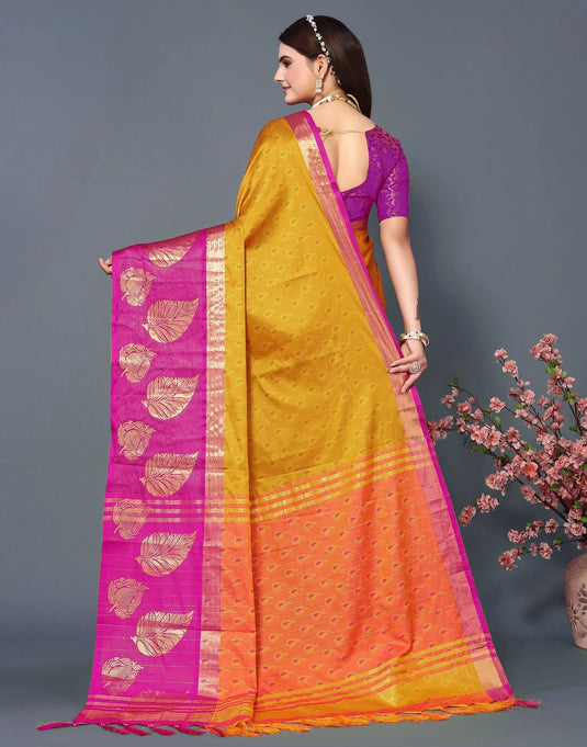 Villagius Jaccard Jaccard Embellished Zari Work Partywear Cotton Silk Gold Colour Samu_Goldpink Saree