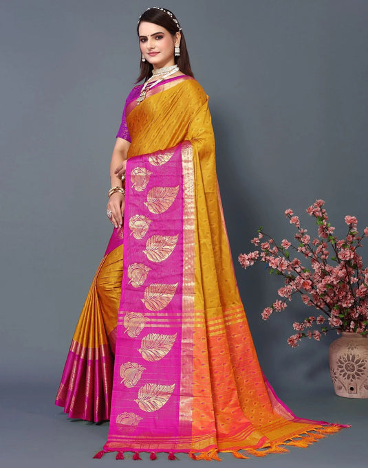 Villagius Jaccard Jaccard Embellished Zari Work Partywear Cotton Silk Gold Colour Samu_Goldpink Saree