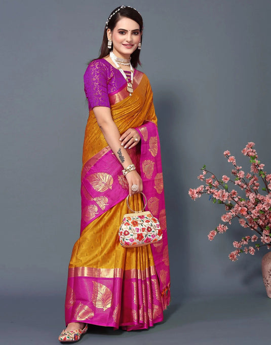 Villagius Jaccard Jaccard Embellished Zari Work Partywear Cotton Silk Gold Colour Samu_Goldpink Saree