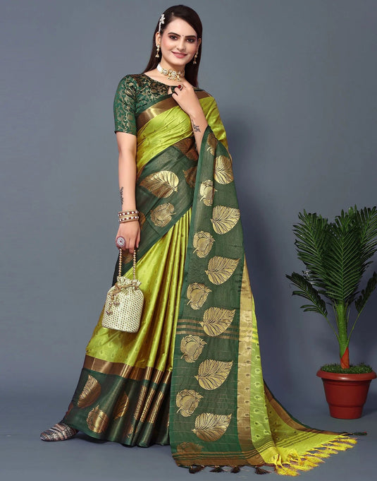 Villagius Jaccard Jaccard Embellished Zari Work Partywear Trending Cotton Silk Lime Colour Samu_Lemonbgreen Saree