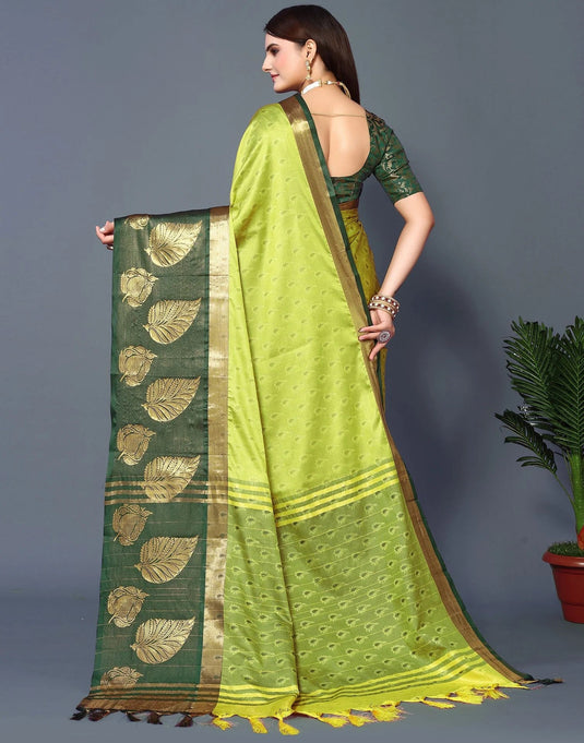 Villagius Jaccard Jaccard Embellished Zari Work Partywear Trending Cotton Silk Lime Colour Samu_Lemonbgreen Saree