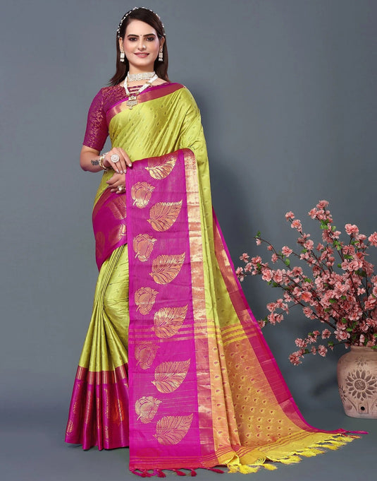 Villagius Jaccard Jaccard Embellished Zari Work Partywear Cotton Silk Lime Colour Samu_Lemonbgreen Saree