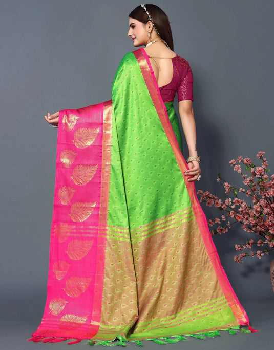 Villagius Jaccard Jaccard Embellished Zari Work Partywear Cotton Silk Parrot Colour Samu_Parrotpink Saree