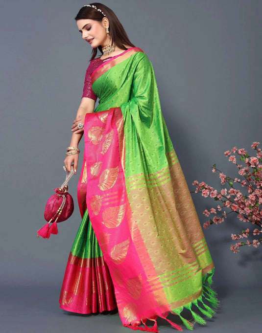 Villagius Jaccard Jaccard Embellished Zari Work Partywear Cotton Silk Parrot Colour Samu_Parrotpink Saree