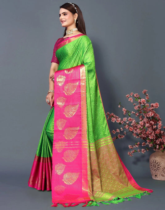 Villagius Jaccard Jaccard Embellished Zari Work Partywear Cotton Silk Parrot Colour Samu_Parrotpink Saree