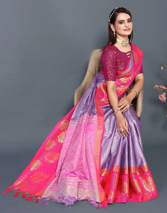 Villagius Jaccard Jaccard Embellished Zari Work Partywear Cotton Silk Purple Colour Samu_Purplepink Saree