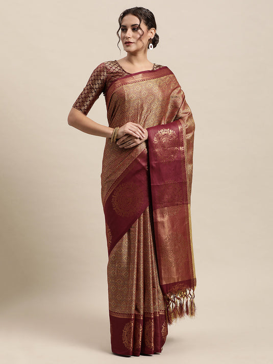 Villagius Jaccard Jaccard Embellished Zari Work Partywear Cotton Silk Wine Colour Shivanta_Wine Saree