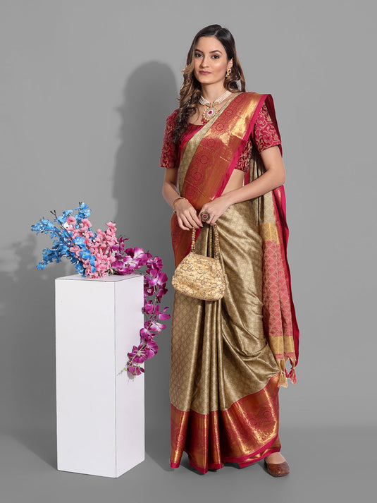 Villagius Jaccard Jaccard Embellished Zari Work Partywear Cotton Silk Beige Colour Shriya_Beige Saree