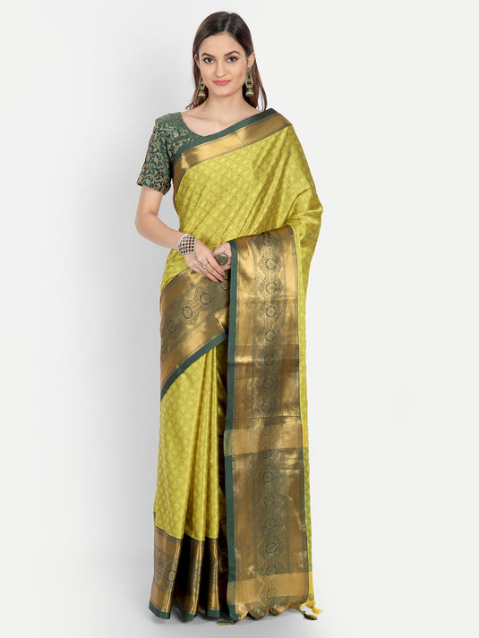 Villagius Jaccard Jaccard Embellished Zari Work Partywear Cotton Silk Lime Colour Shriya_Lime Saree