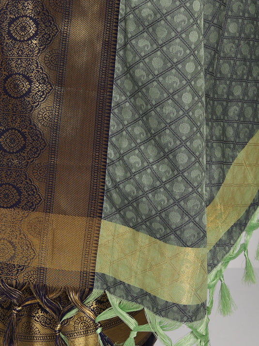 Villagius Jaccard Jaccard Embellished Zari Work Partywear Cotton Silk Olive Colour Shriya_Pista Saree