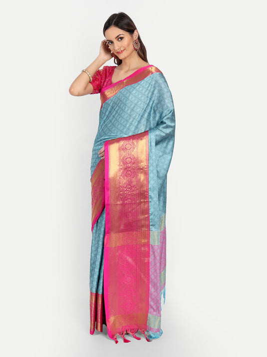 Villagius Jaccard Jaccard Embellished Zari Work Partywear Cotton Silk Turquoise Colour Shriya_Sky Saree