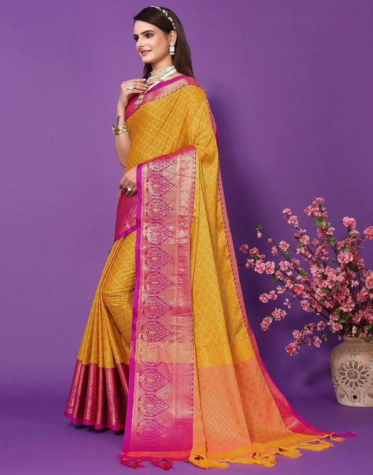 Villagius Jaccard Jaccard Embellished Zari Work Partywear Cotton Silk Gold Colour Siyami_Goldpink Saree