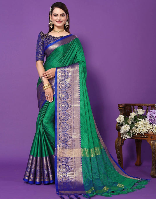 Villagius Jaccard Jaccard Embellished Zari Work Partywear Cotton Silk Green Colour Siyami_Greenblue Saree