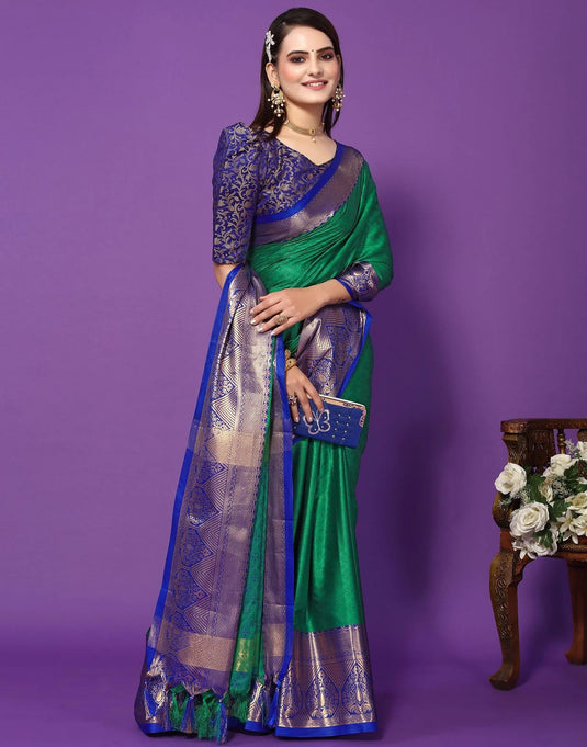 Villagius Jaccard Jaccard Embellished Zari Work Partywear Cotton Silk Green Colour Siyami_Greenblue Saree