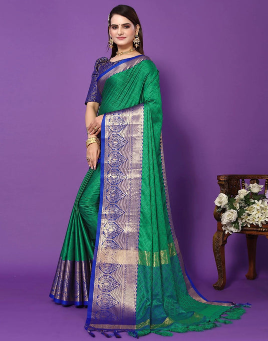 Villagius Jaccard Jaccard Embellished Zari Work Partywear Cotton Silk Green Colour Siyami_Greenblue Saree