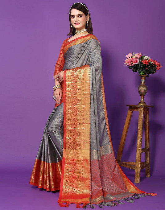 Villagius Jaccard Jaccard Embellished Zari Work Partywear Cotton Silk Grey Colour Siyami_Greyred Saree