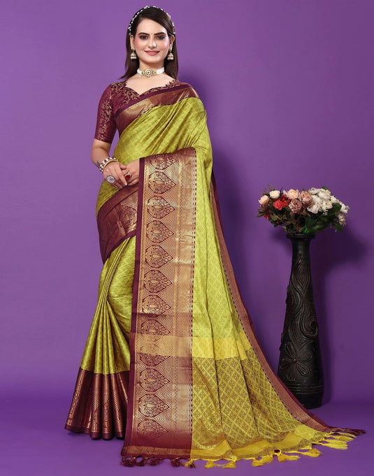 Villagius Jaccard Jaccard Embellished Zari Work Partywear Cotton Silk Lime Colour Siyami_Lemonmaroon Saree