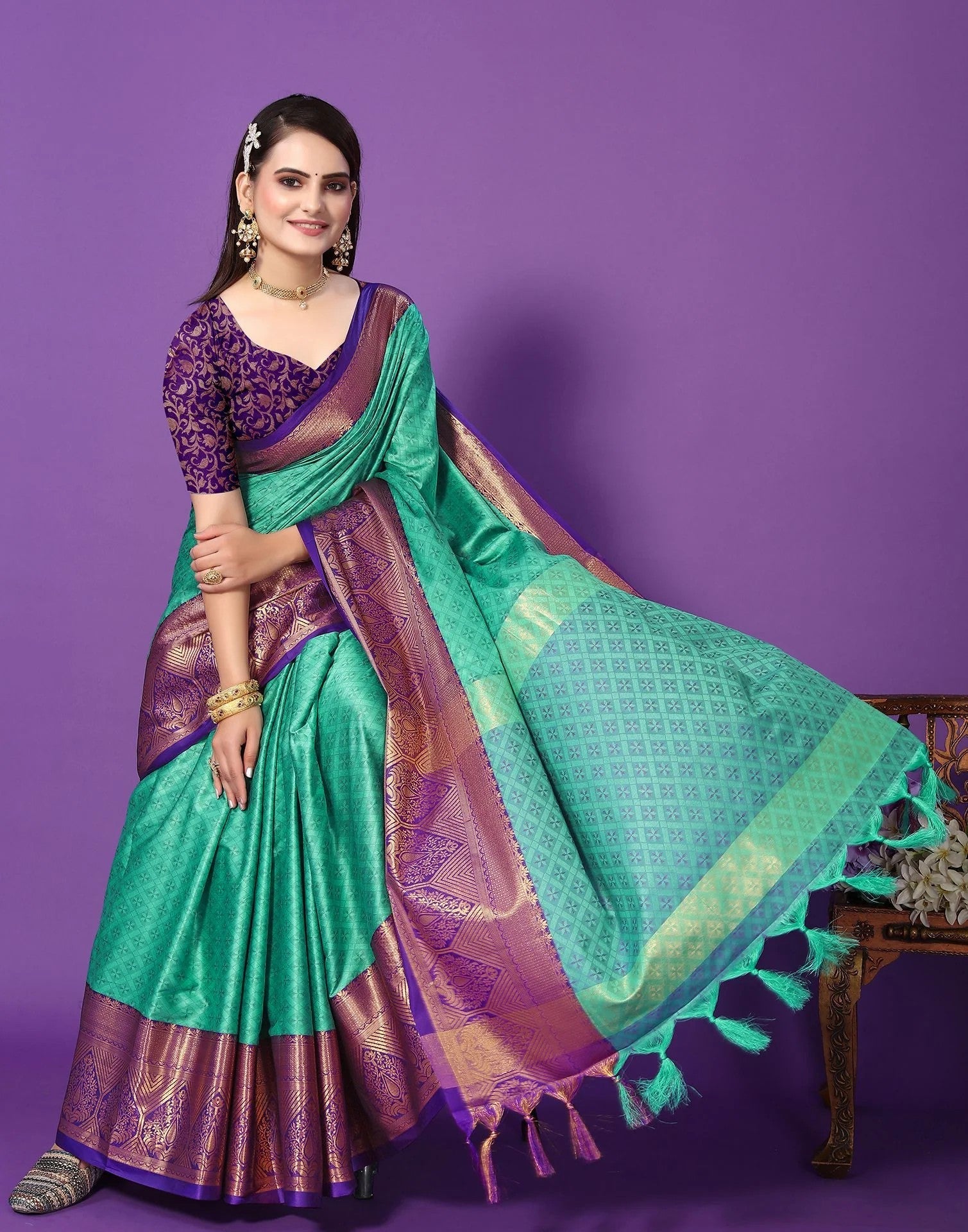 pista green with light green stripes all over and purple designed border# | Purple  saree, Elegant saree, Indian silk sarees